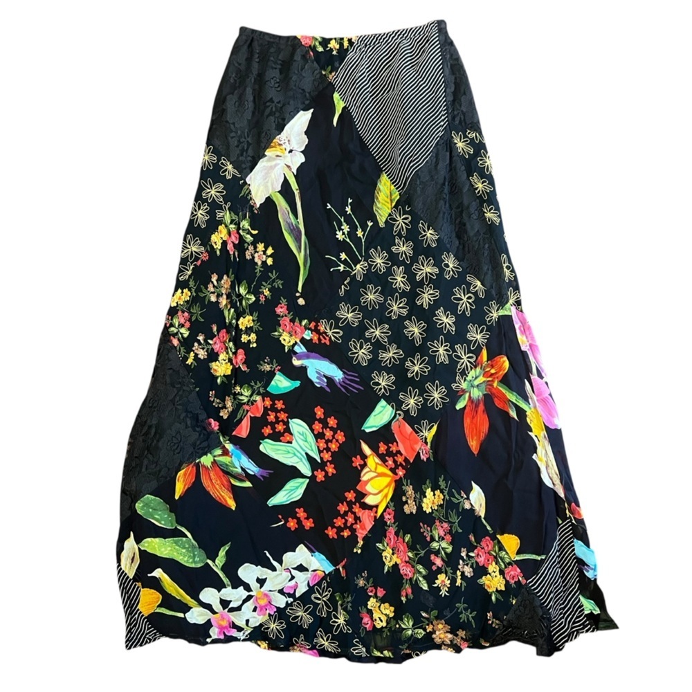 Floral Patchwork Maxi Skirt - Black Multicolor